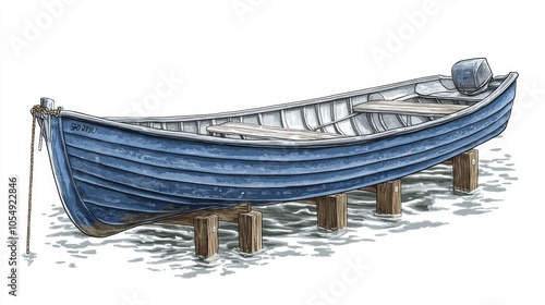 Blue Rowboat on Wooden Supports at Water s Edge photo