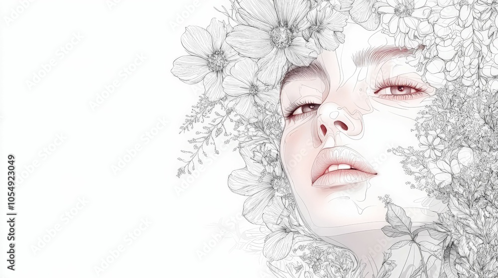 Closeup of a woman's face surrounded by white flowers on a white background. Closeup of a woman's face surrounded by white flowers on a white background.