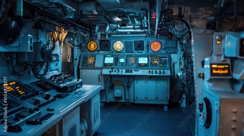Battleship interior engineering room with complex machinery and control systems. Battleship interior engineering room with complex machinery and control systems.