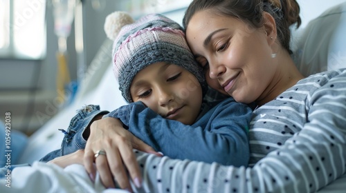 A child cancer patient being comforted by a parent in a hospital room