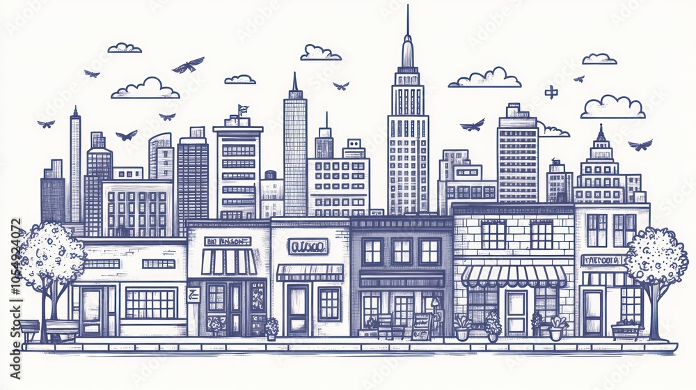 Obraz premium Hand-Drawn Sketch of a Cityscape with Buildings, Shops, and Birds in Flight