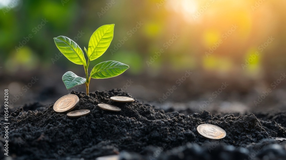 Growth Concept with Coins and Plant in Natural Light Growth Concept with Coins and Plant in Natural Light