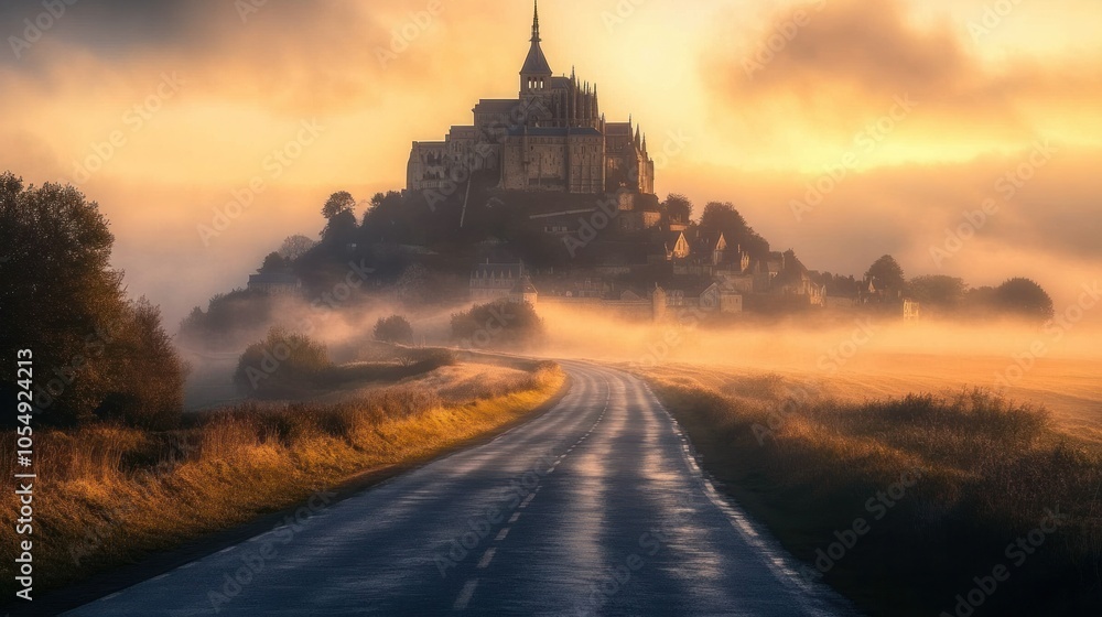 Obraz premium Romantic road leading to a castle on a hill with soft morning mist