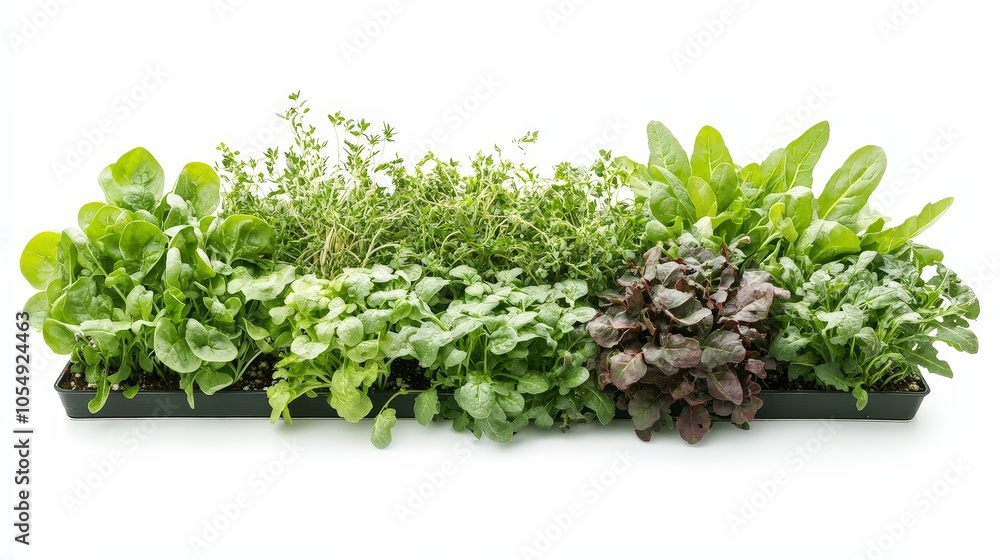 Obraz premium A display of hydroponic vegetables, featuring healthy green spinach, herbs, and arugula grown using sustainable methods, isolated on a white background