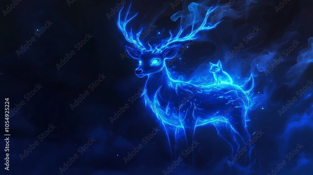Mystical blue deer with a cat on its back Mystical blue deer with a cat on its back