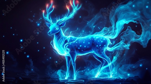 Fantasy creature glowing blue with magical flames and sparks. Digital art illustration.