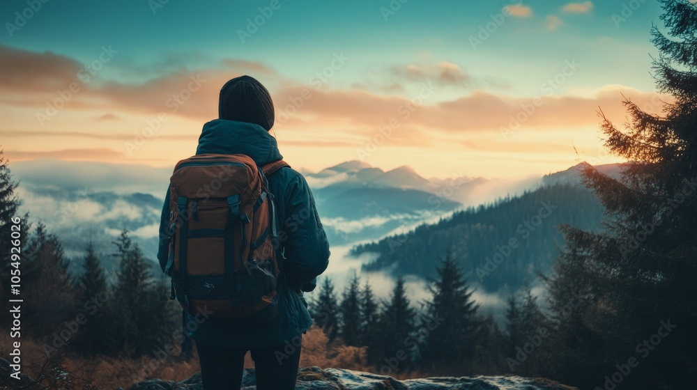 Backpacker looks out over a mountain range at sunrise Backpacker looks out over a mountain range at sunrise