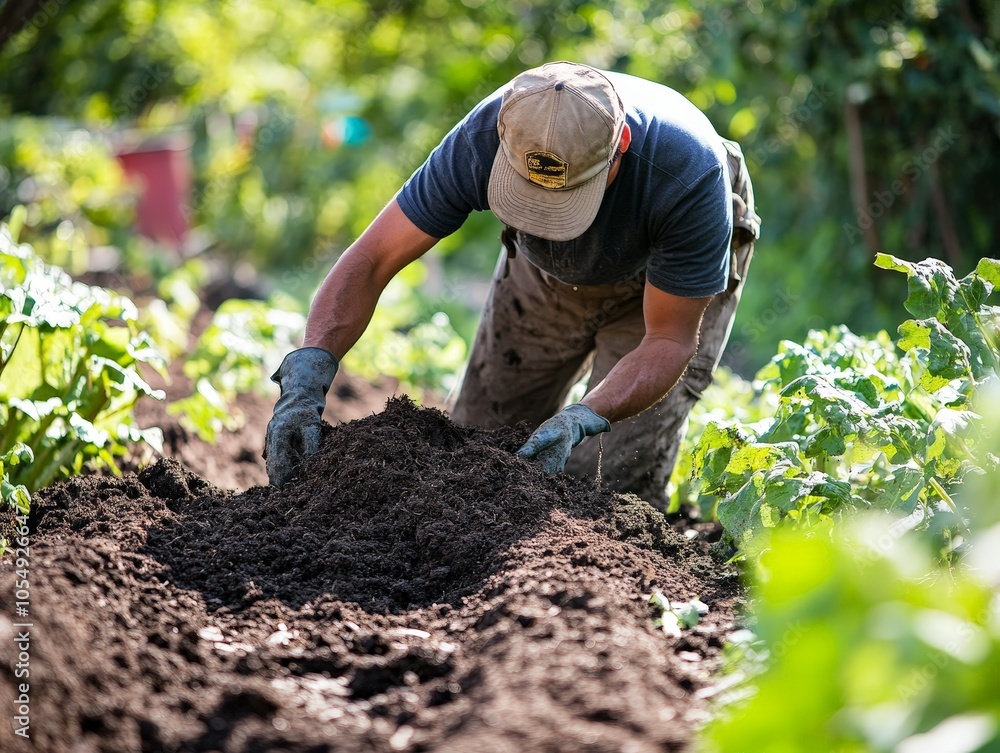 Fototapeta premium A farm worker spreading natural compost over an organic vegetable garden, preparing the soil for planting.
