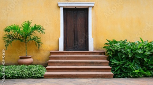 Charming Entrance with Wooden Door and Green Foliage