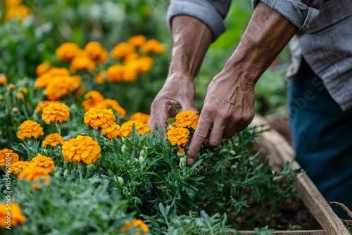 A farmer explaining the benefits of companion planting, using marigolds to naturally repel pests in an organic garden.