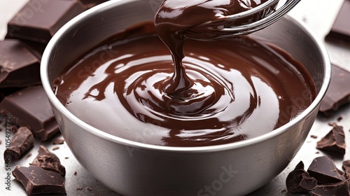 Photo of thick hot chocolate cream flowing from a whisk into a bowl.