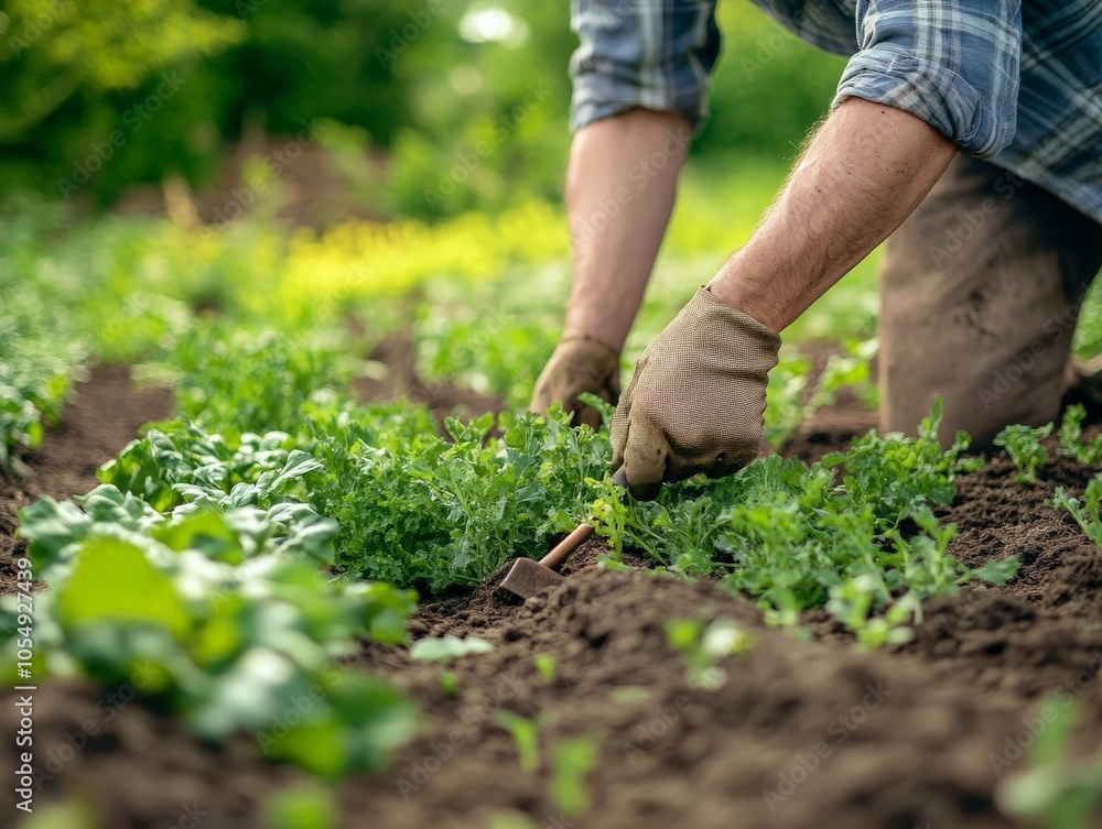 A farmer showing how to manage weeds organically, using hand tools and mulch to keep crops healthy without herbicides. A farmer showing how to manage weeds organically, using hand tools and mulch to keep crops healthy without herbicides.