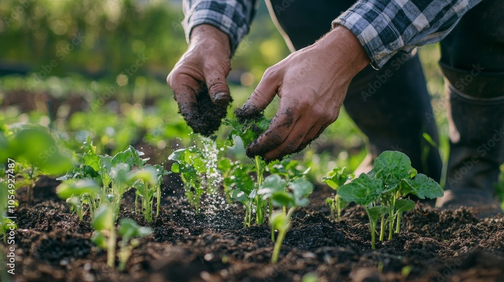 A farmer using a natural compost tea to nourish crops, promoting healthy growth in an organic farm. A farmer using a natural compost tea to nourish crops, promoting healthy growth in an organic farm.