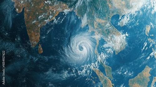 Tropical storm approaching Thailand, satellite view with swirling clouds photo