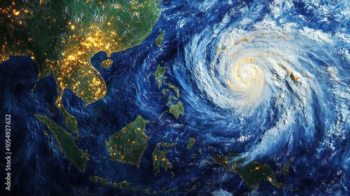 Tropical storm approaching Thailand, satellite view with swirling clouds photo