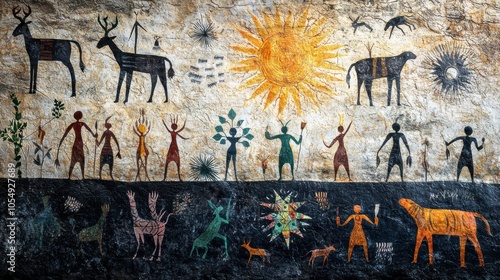 Ancient Rock Art Depicting Wildlife and Humans photo