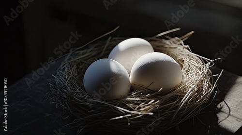 Photograph of white eggs in a nest made of straw and grass, each egg perfectly arranged in a natural pattern with soft light and shadow. photo