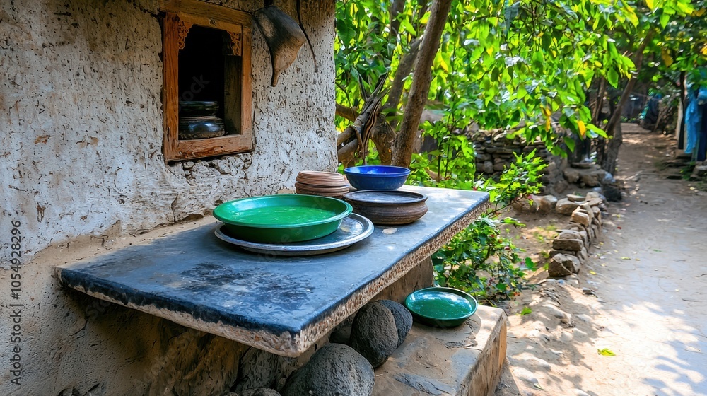 Rustic Kitchen with Colorful Plates in Nature Rustic Kitchen with Colorful Plates in Nature