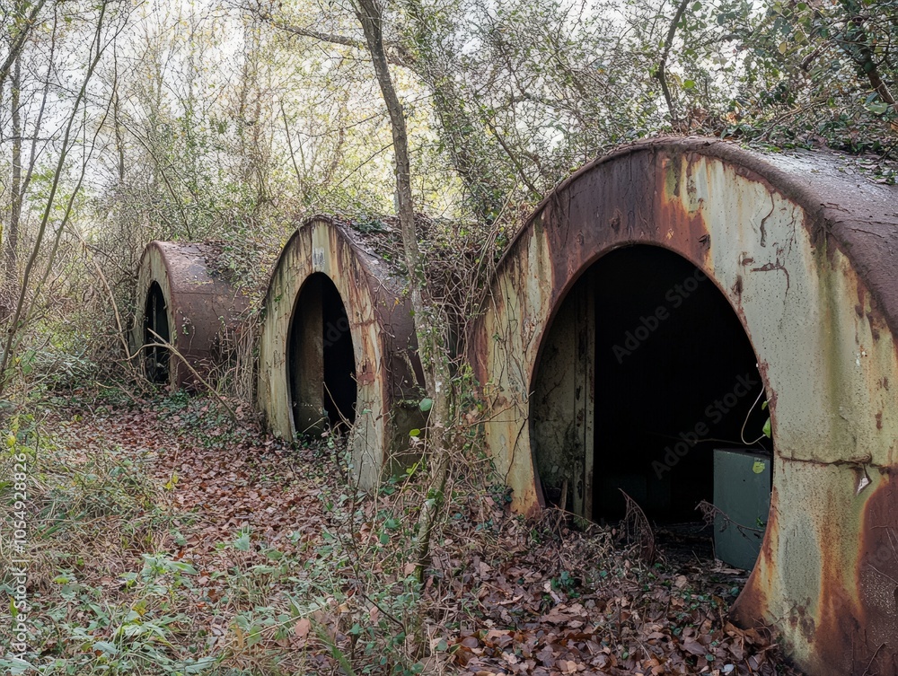 A forgotten military base, with bunkers overgrown and rusting equipment scattered across the grounds. A forgotten military base, with bunkers overgrown and rusting equipment scattered across the grounds.
