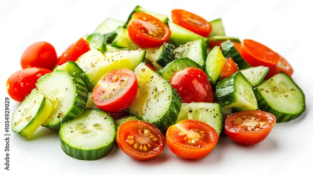 A fresh and healthy vegetable salad with cucumbers, cherry tomatoes, and avocado, perfect for a light meal, isolated on a white background A fresh and healthy vegetable salad with cucumbers, cherry tomatoes, and avocado, perfect for a light meal, isolated on a white background