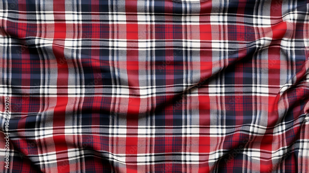 Elegant textured red and navy plaid fabric with soft drapery for fashion and design projects Elegant textured red and navy plaid fabric with soft drapery for fashion and design projects