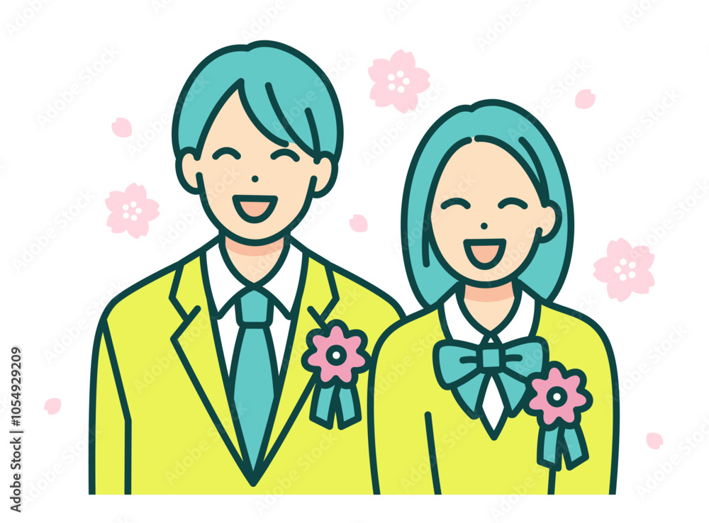 入学式を迎えた男女。胸にコサージュを付けた高校生のベクターイラスト素材。 入学式を迎えた男女。胸にコサージュを付けた高校生のベクターイラスト素材。