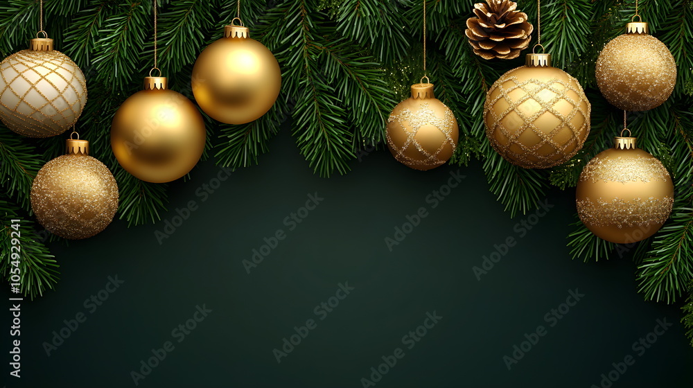Dark green Christmas background decorated with a garland of fir branches and golden Christmas balls on top. Copyspace banner. Dark green Christmas background decorated with a garland of fir branches and golden Christmas balls on top. Copyspace banner.