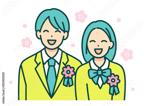 入学式を迎えた男女。胸にコサージュを付けた高校生のベクターイラスト素材。