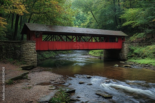 A red, wooden-covered bridge over the creek in West Virginia photo