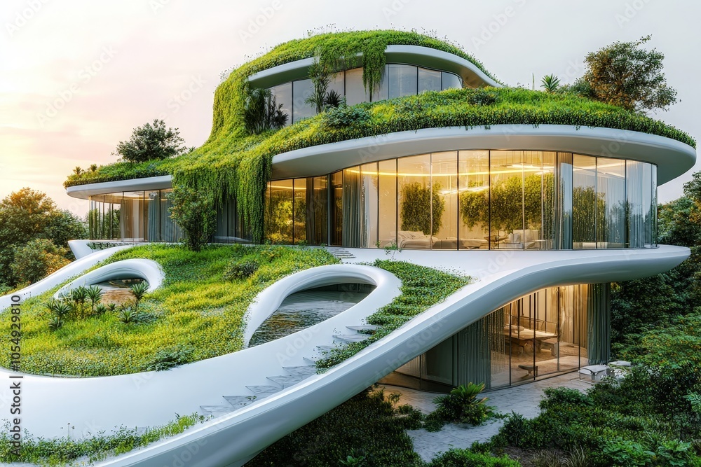 Fototapeta premium A futuristic eco-friendly building with a green rooftop covered in plants, designed to blend into the natural landscape.