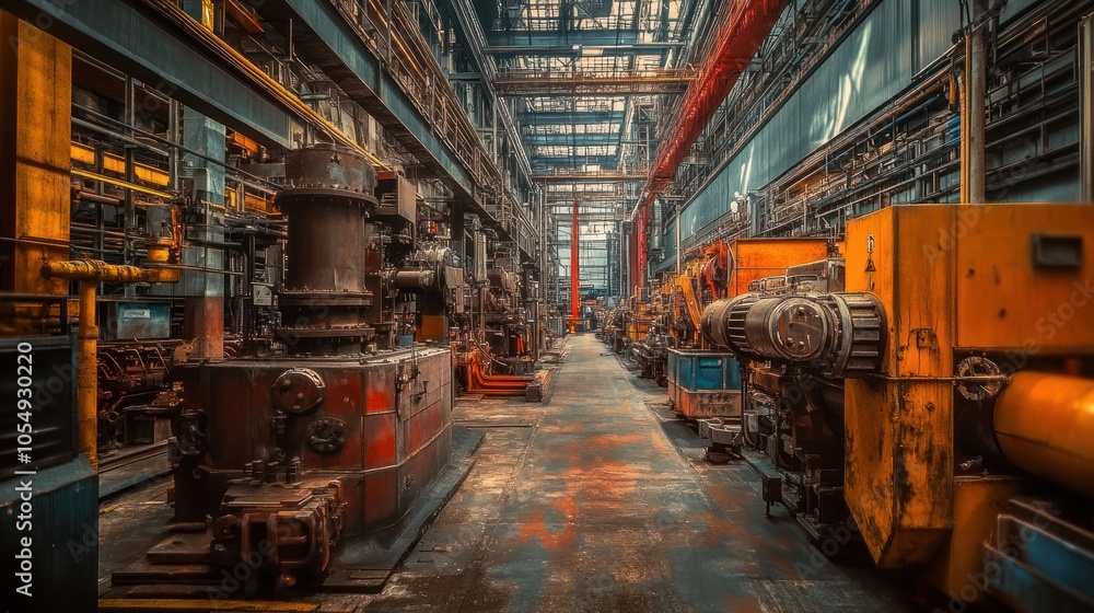 Heavy machinery inside a bustling industrial plant, showcasing the intricate workings of manufacturing. Heavy machinery inside a bustling industrial plant, showcasing the intricate workings of manufacturing.