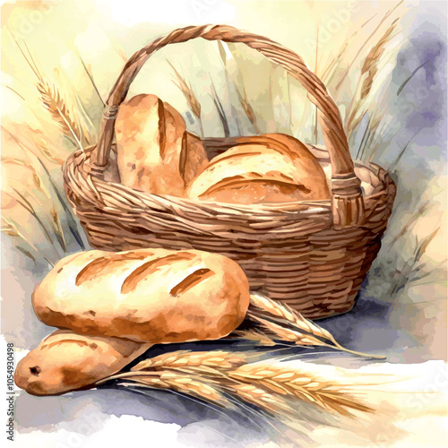 a drawing of a basket of wheat and bread