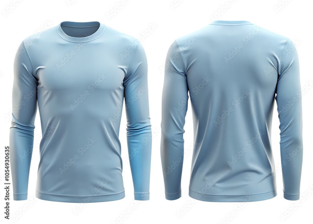 Light blue color long sleeve t-shirt PNG mockup template of Front and back view isolated on transparent background Light blue color long sleeve t-shirt PNG mockup template of Front and back view isolated on transparent background
