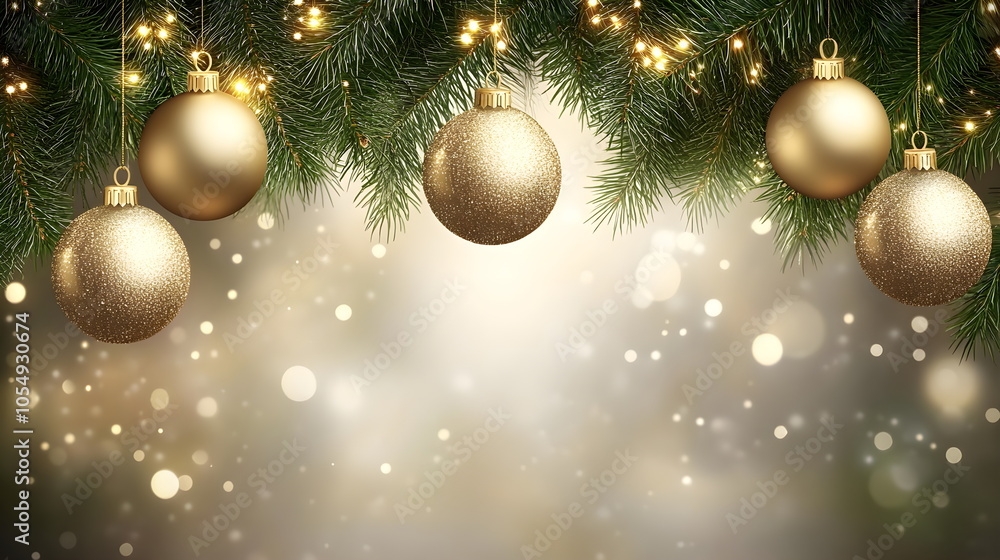 Christmas background with golden balls on fir branches. Banner copyspace Christmas background with golden balls on fir branches. Banner copyspace