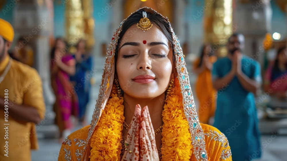 Elegant Woman Praying in Traditional Indian Attire Elegant Woman Praying in Traditional Indian Attire