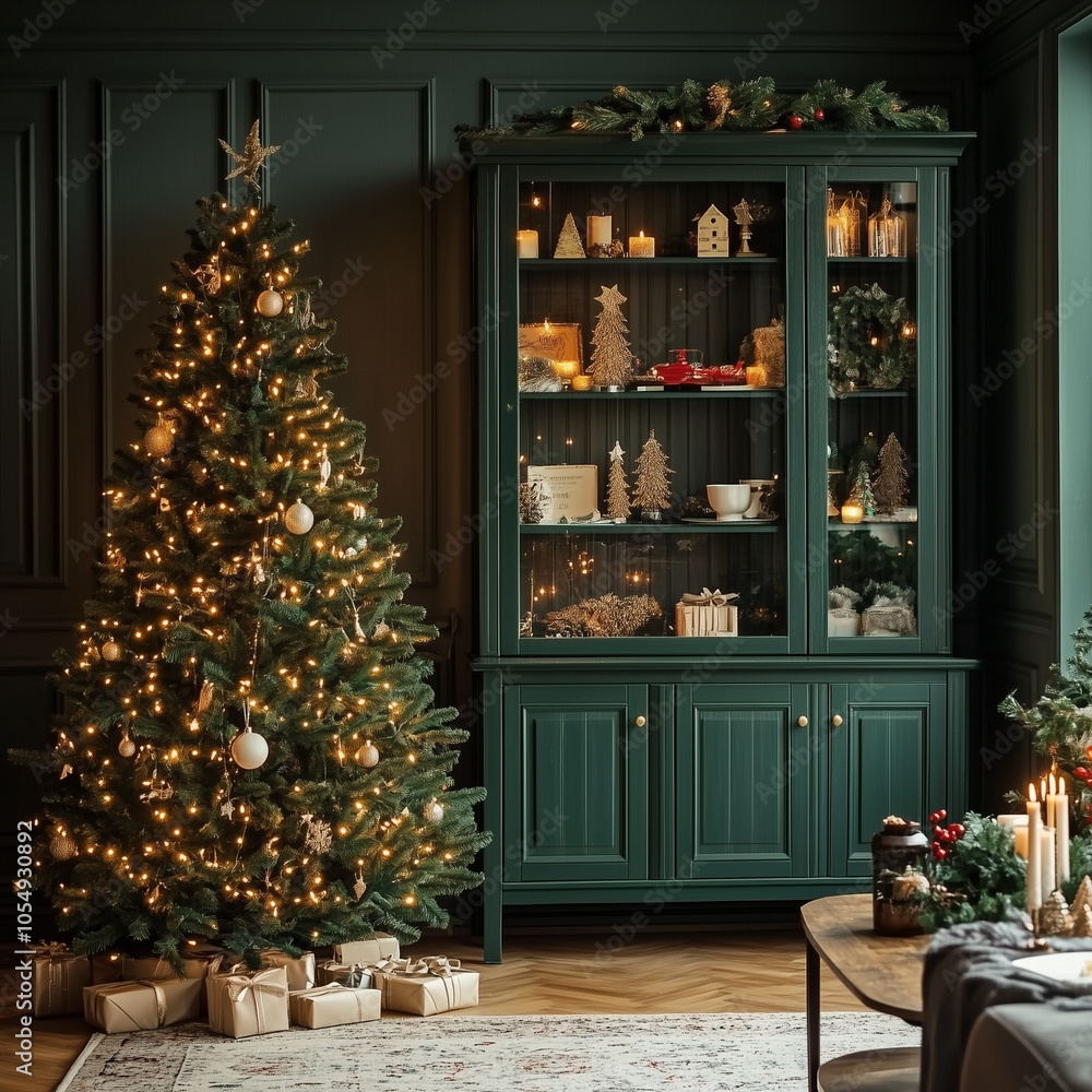 Dark green cabinet and Christmas tree in Christmas decorated living room Dark green cabinet and Christmas tree in Christmas decorated living room