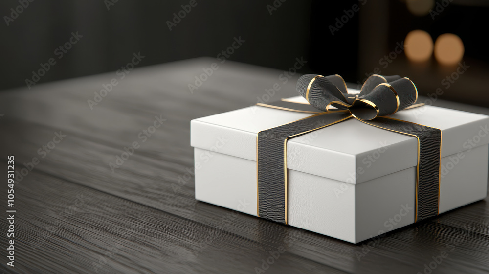 beautifully wrapped white gift box with black ribbon and bow, perfect for special occasions. elegant design adds touch of sophistication to any celebration