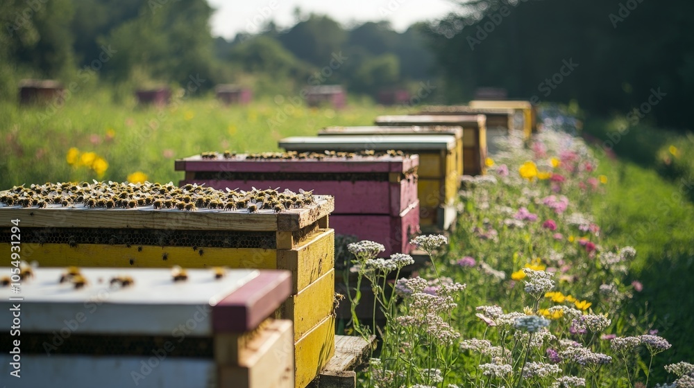 Fototapeta premium A large-scale commercial apiary with rows of beehives and fields of flowers, with bees actively working in the area.