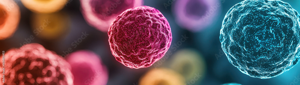 Microscope view of bioengineered cells glowing in vibrant colors ...