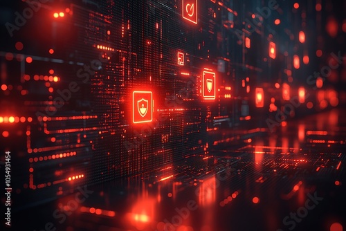 A futuristic digital background depicting a circuit board with glowing red security icons.