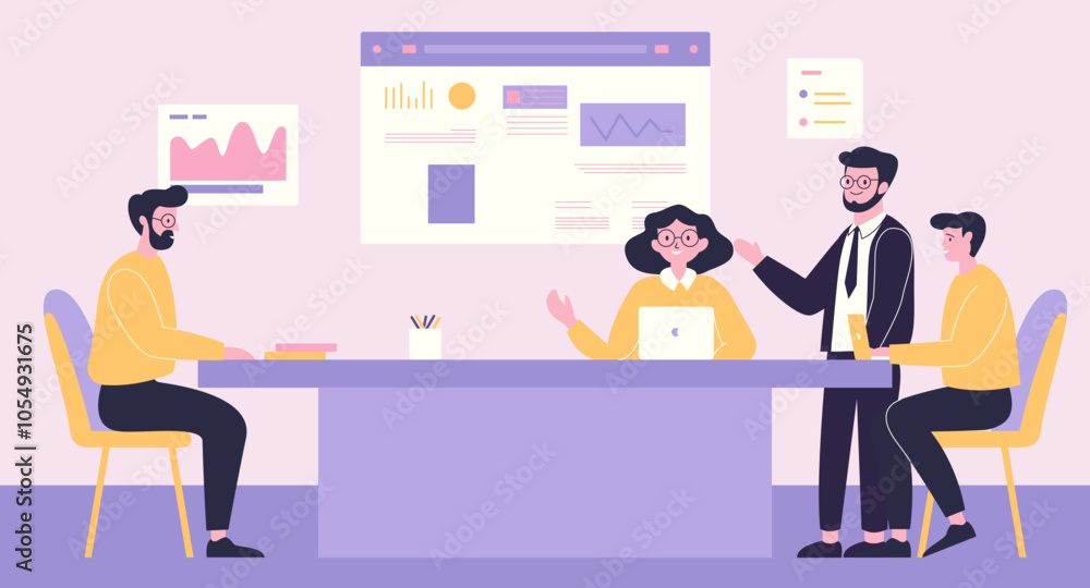 Flat Design Illustration of Teamwork Business Meeting at office with Infographic on Screen Flat Design Illustration of Teamwork Business Meeting at office with Infographic on Screen
