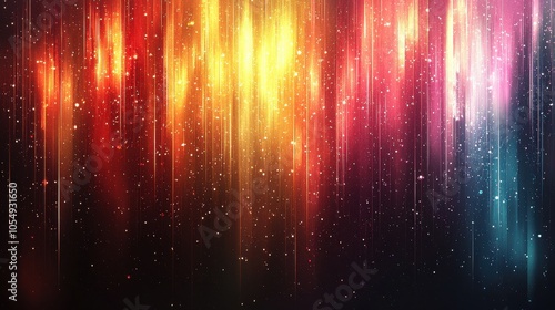 Vibrant abstract design with colorful vertical streaks and shimmering particles on a dark backdrop