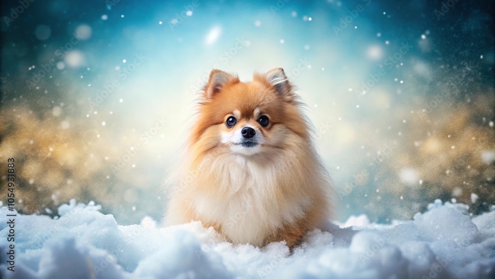 Obraz premium Whimsical winter backgrounds featuring a fluffy Pomeranian amidst falling snow