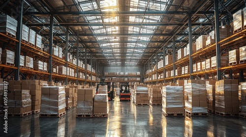 Brightly lit warehouse filled with stacked boxes and pallets during early morning hours