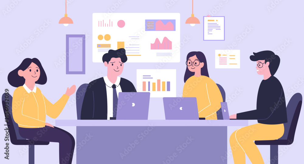 Flat Design Illustration of Teamwork Business Meeting at office with Infographic on Screen Flat Design Illustration of Teamwork Business Meeting at office with Infographic on Screen