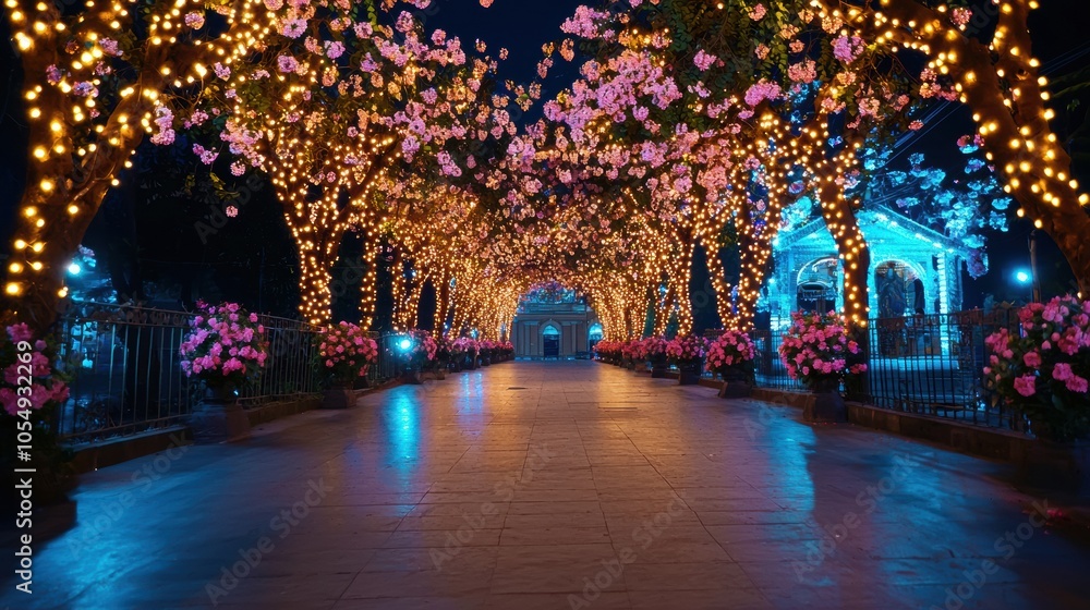 Fototapeta premium Enchanted Night Pathway with Twinkling Lights