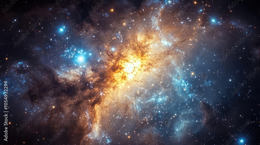 Fototapeta premium Irregular galaxy with chaotic structures and colors, glowing in a mix of stars and gas.