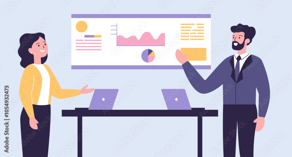 Flat Design Illustration of Teamwork Business Meeting at office with Infographic on Screen Flat Design Illustration of Teamwork Business Meeting at office with Infographic on Screen