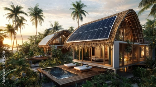 A luxury eco-friendly resort in a tropical setting, with bungalows made from sustainable materials and powered by solar energy.