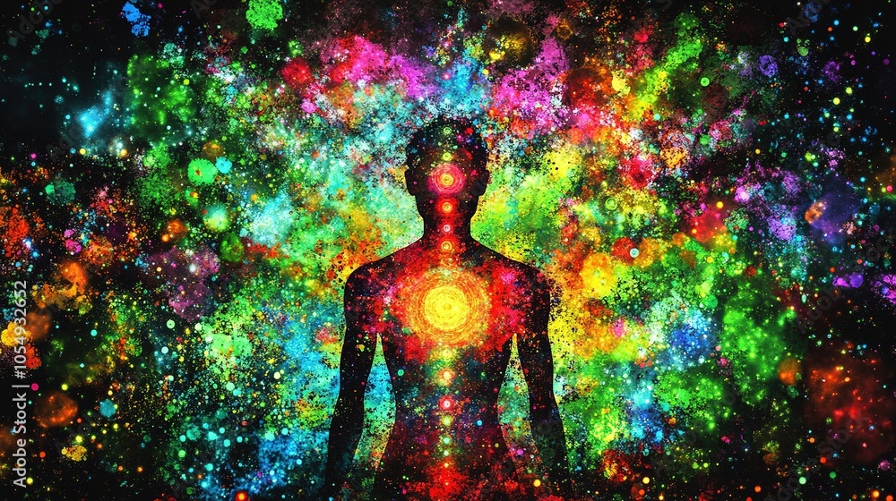 Glowing Human Silhouette Surrounded by Concentric Layers of Colorful Energy Fields Representing Aura or Chakras, Radiating Vibrant Colors Against a Dark Background Glowing Human Silhouette Surrounded by Concentric Layers of Colorful Energy Fields Representing Aura or Chakras, Radiating Vibrant Colors Against a Dark Background